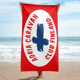 Iso punainen pyyhe Adria Caravan Club Finland -logolla