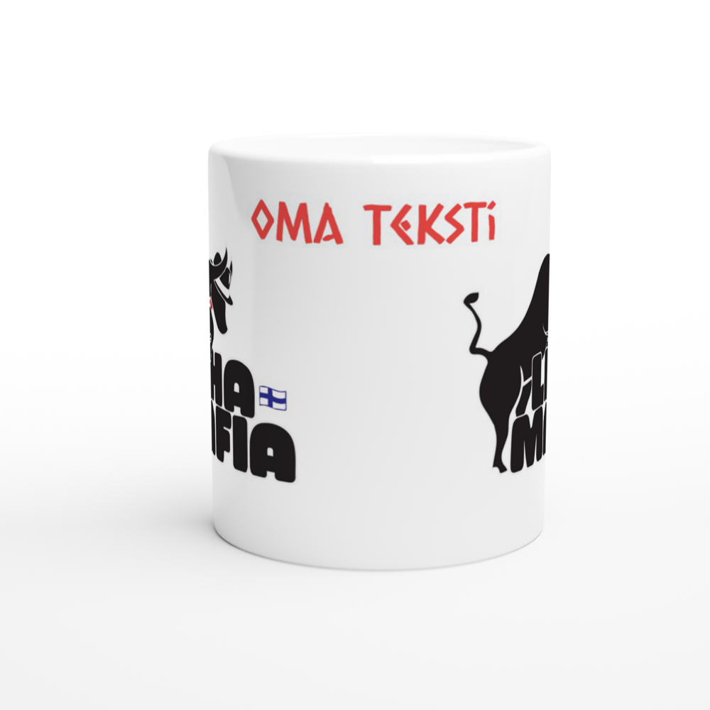 Lihamafian muki omalla tekstillä