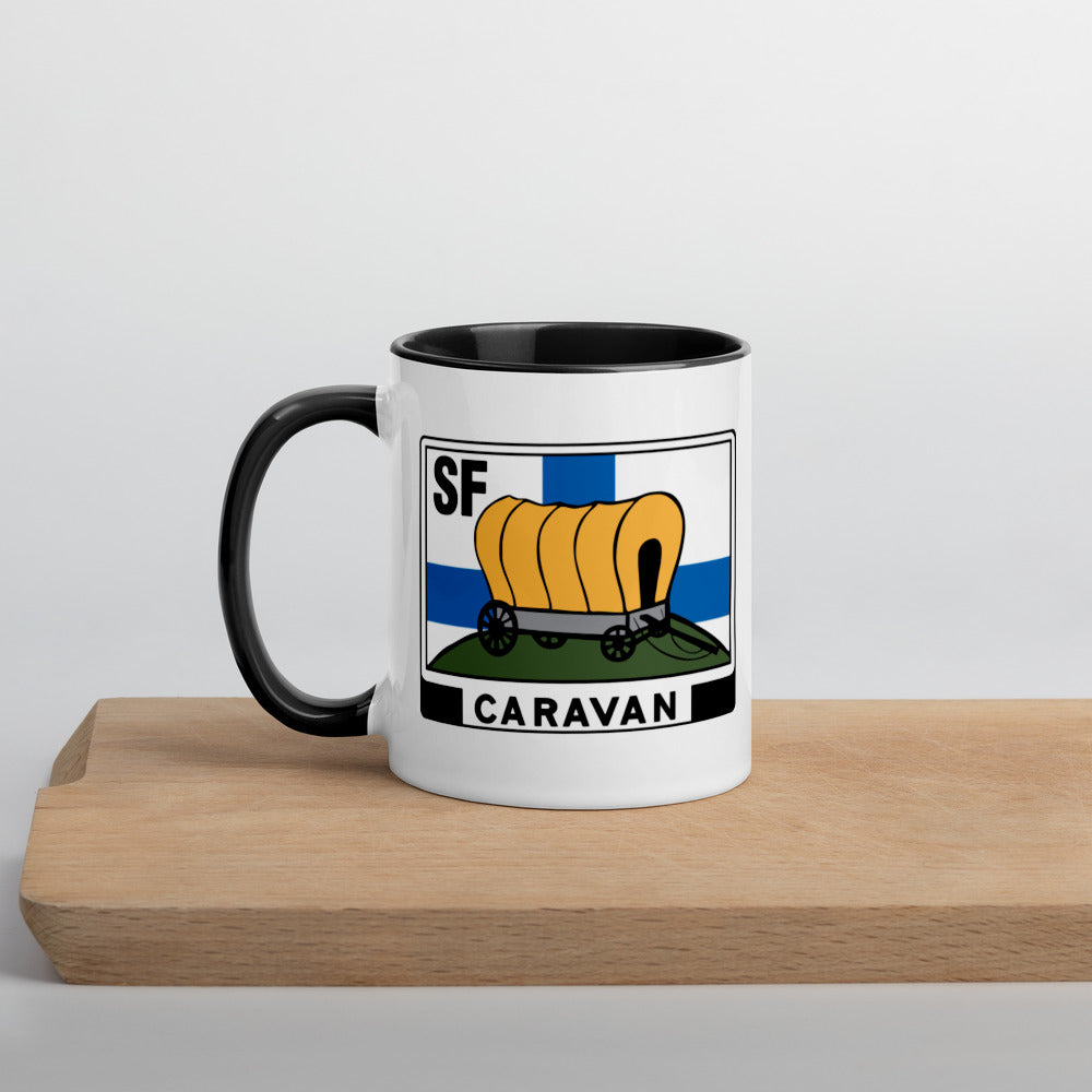 Kahvi- tai teekuppi SF-Caravan logolla, sisältä värillinen