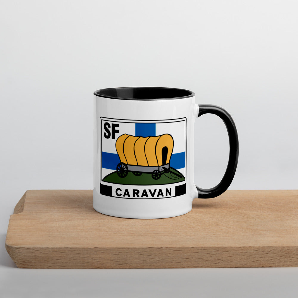 Kahvi- tai teekuppi SF-Caravan logolla, sisältä värillinen