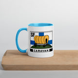 Kahvi- tai teekuppi SF-Caravan logolla, sisältä värillinen