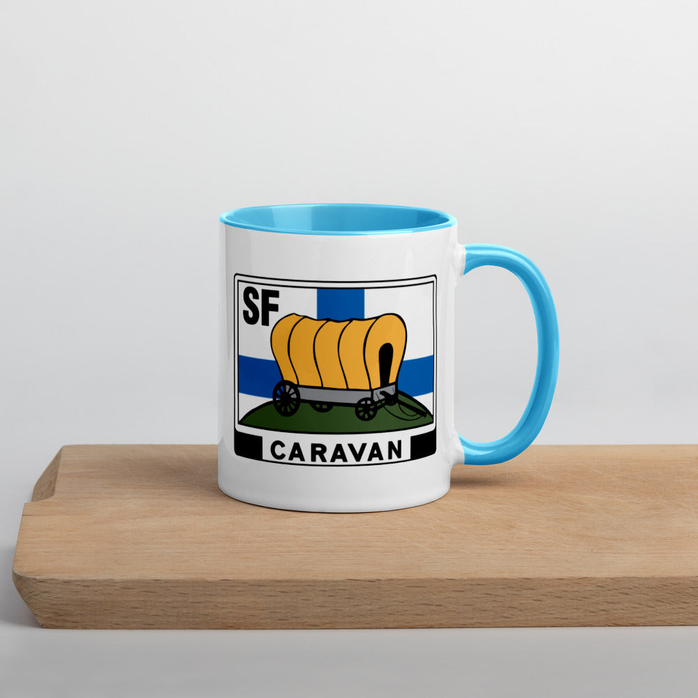 Kahvi- tai teekuppi SF-Caravan logolla, sisältä värillinen