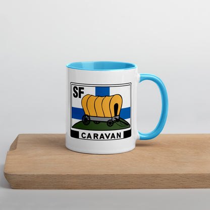 Kahvi- tai teekuppi SF-Caravan logolla, sisältä värillinen