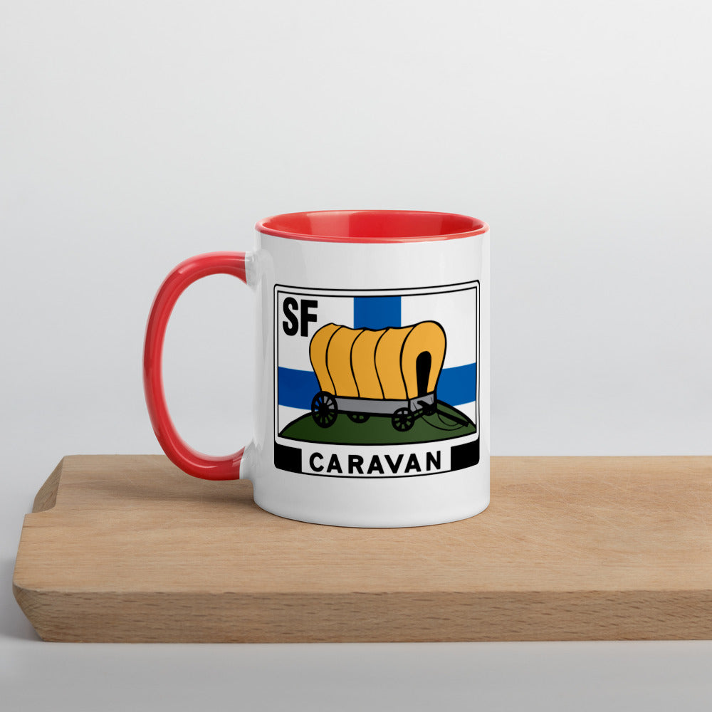 Kahvi- tai teekuppi SF-Caravan logolla, sisältä värillinen