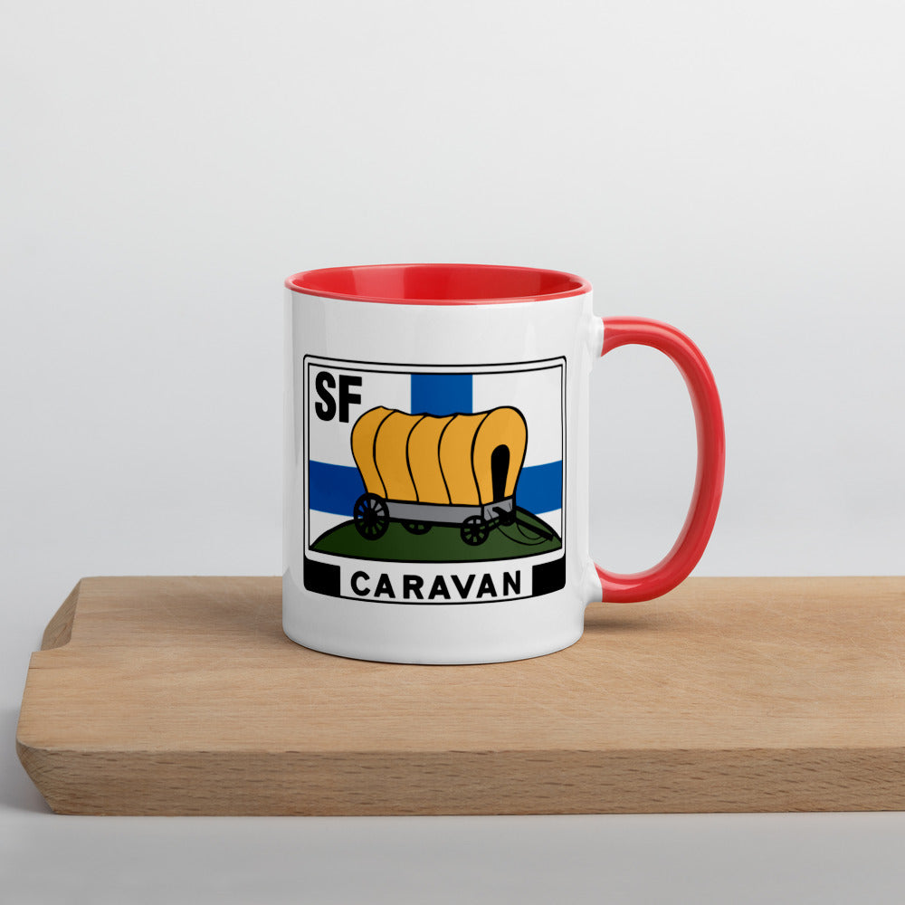 Kahvi- tai teekuppi SF-Caravan logolla, sisältä värillinen