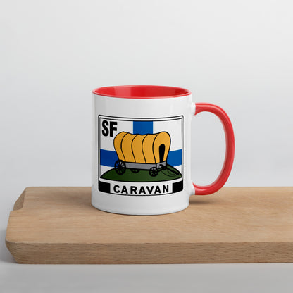 Kahvi- tai teekuppi SF-Caravan logolla, sisältä värillinen
