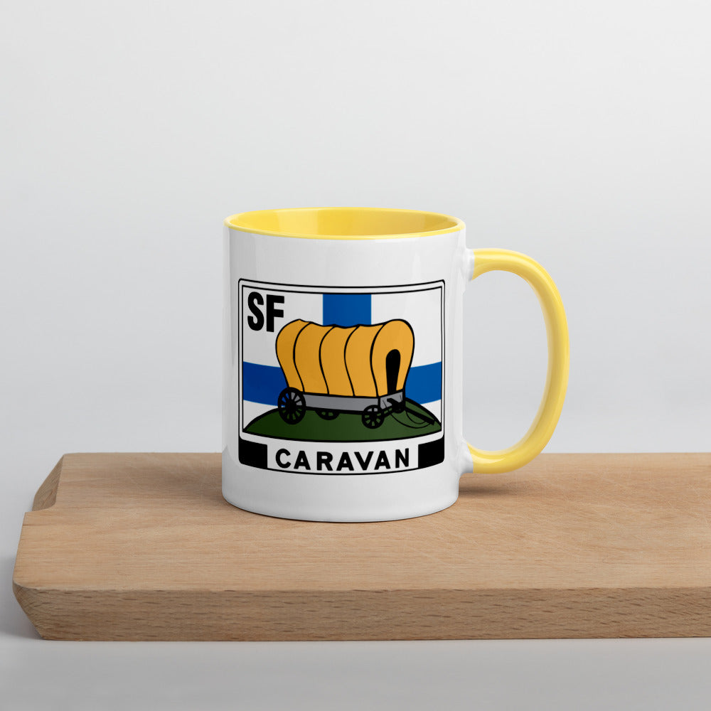 Kahvi- tai teekuppi SF-Caravan logolla, sisältä värillinen
